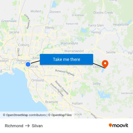 Richmond to Silvan map