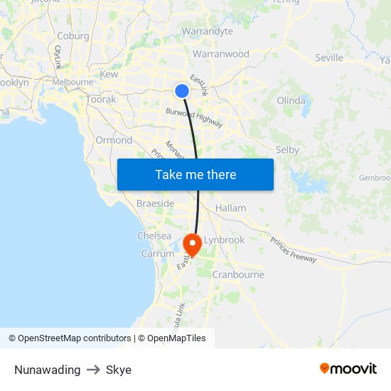 Nunawading to Skye map