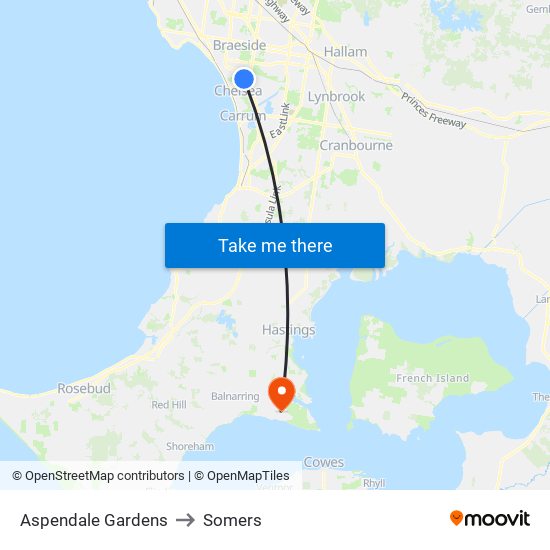 Aspendale Gardens to Somers map