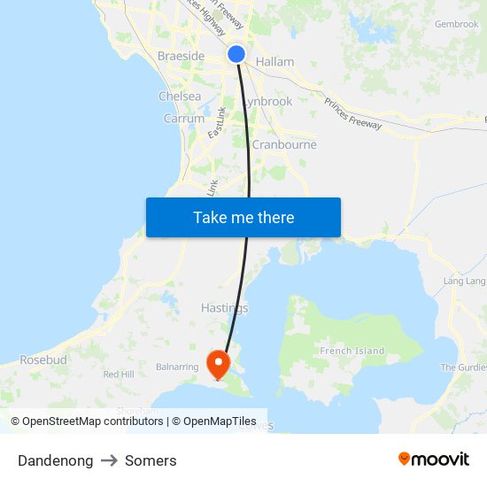 Dandenong to Somers map