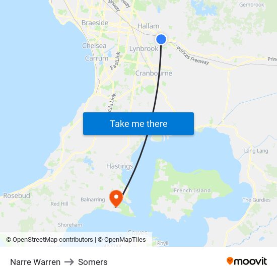 Narre Warren to Somers map