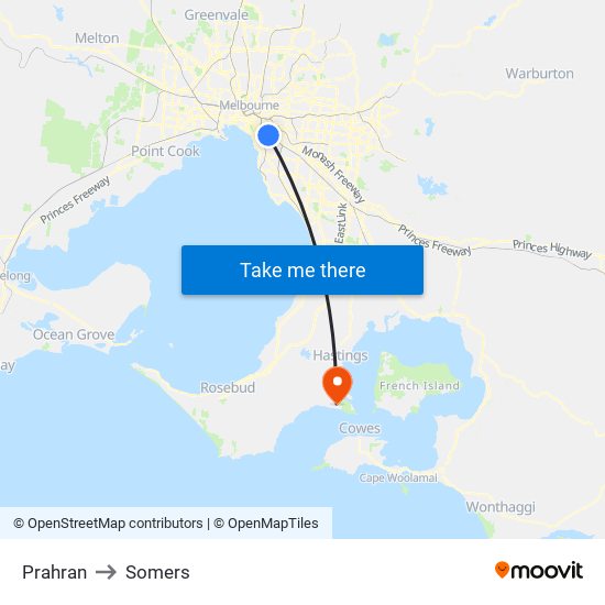 Prahran to Somers map