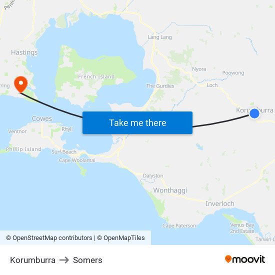 Korumburra to Somers map