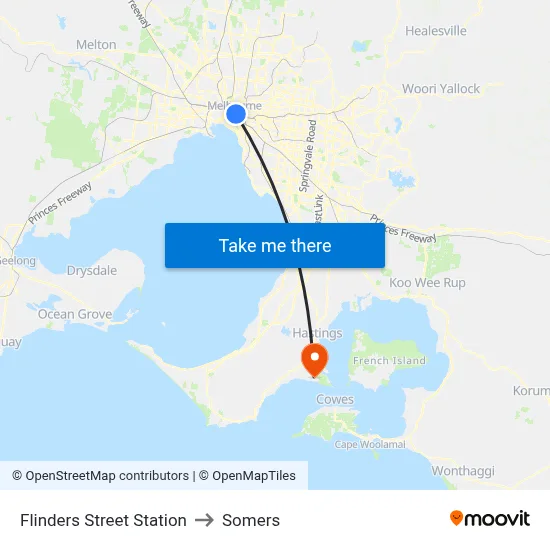Flinders Street Station to Somers map