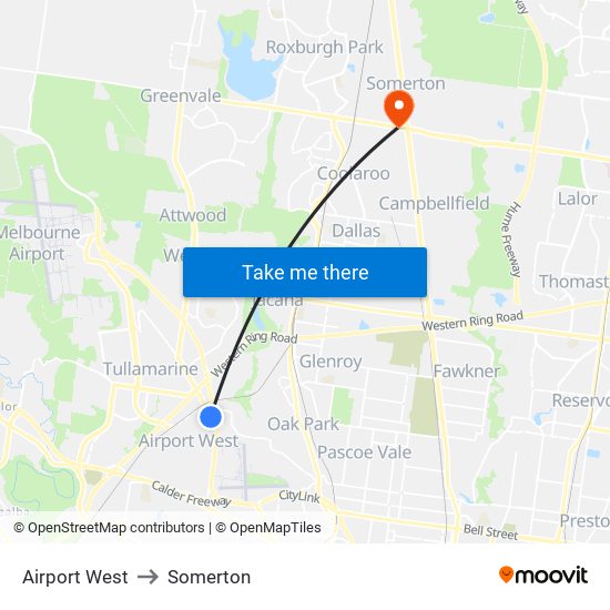 Airport West to Somerton map