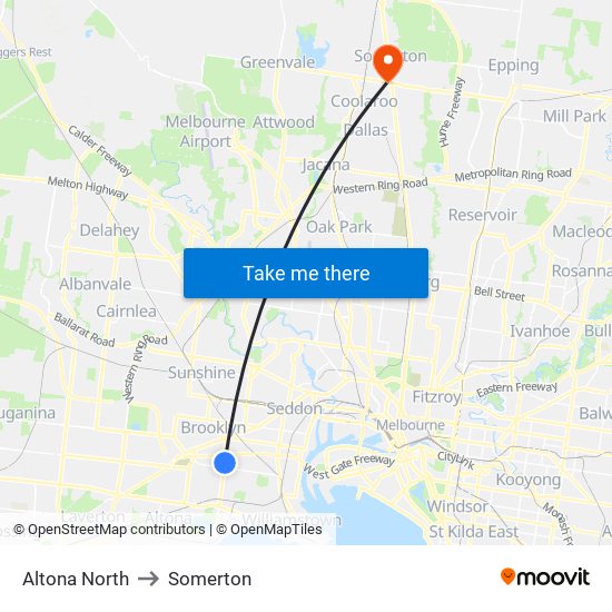 Altona North to Somerton map