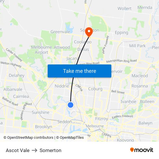 Ascot Vale to Somerton map