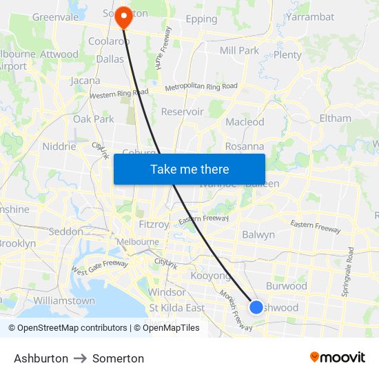 Ashburton to Somerton map