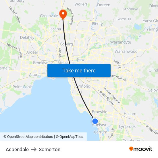 Aspendale to Somerton map