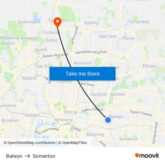 Balwyn to Somerton map