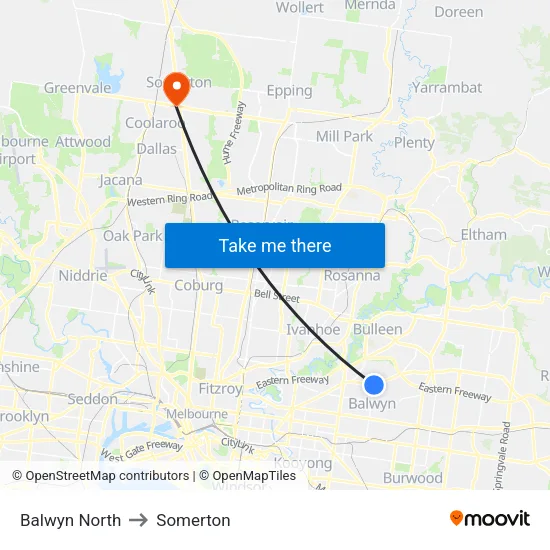 Balwyn North to Somerton map