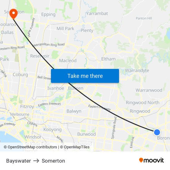 Bayswater to Somerton map
