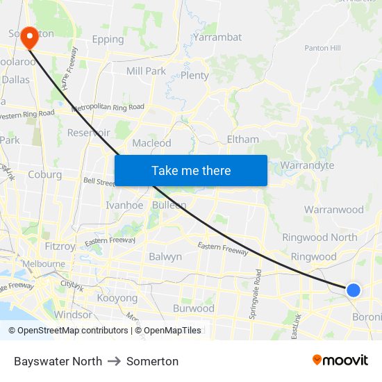 Bayswater North to Somerton map