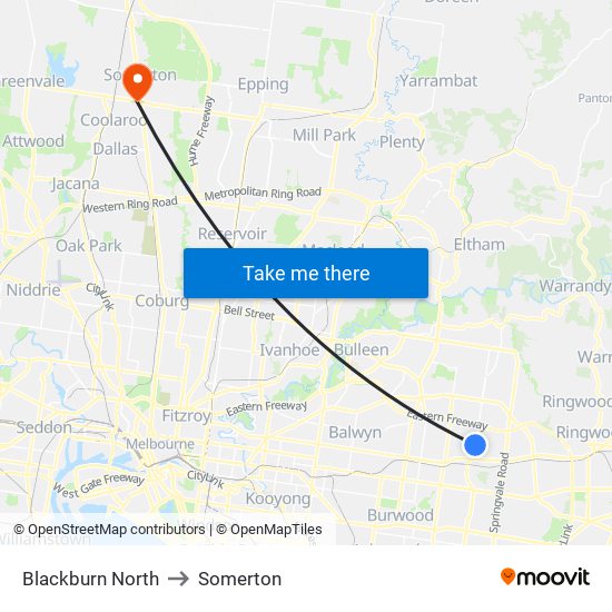 Blackburn North to Somerton map