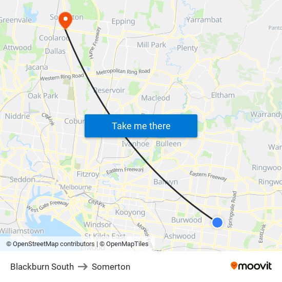 Blackburn South to Somerton map