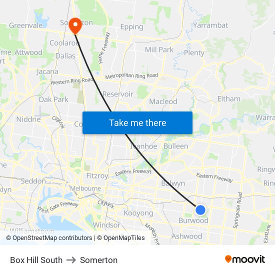 Box Hill South to Somerton map