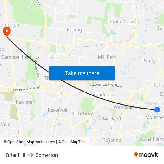 Briar Hill to Somerton map