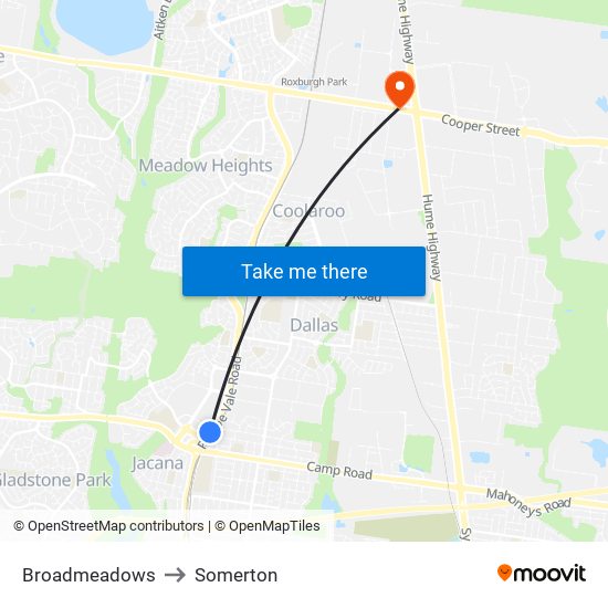 Broadmeadows to Somerton map