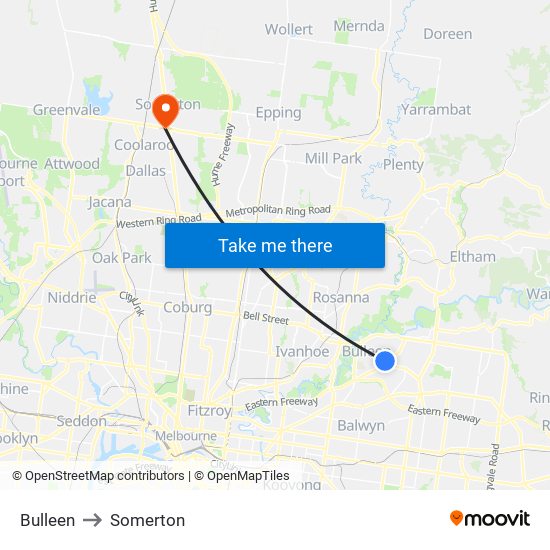 Bulleen to Somerton map