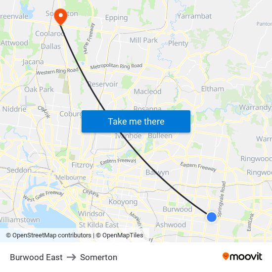 Burwood East to Somerton map