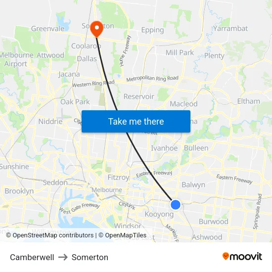 Camberwell to Somerton map