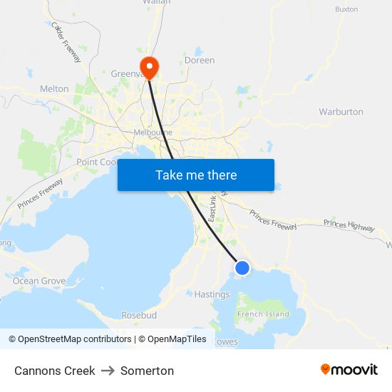 Cannons Creek to Somerton map