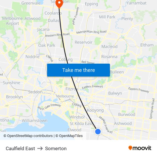 Caulfield East to Somerton map