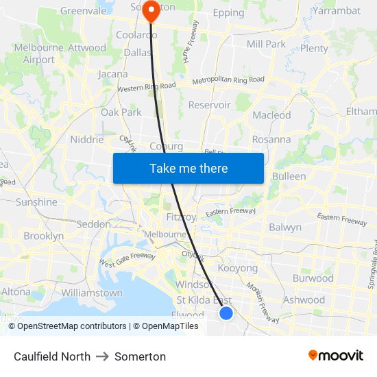 Caulfield North to Somerton map