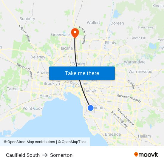 Caulfield South to Somerton map