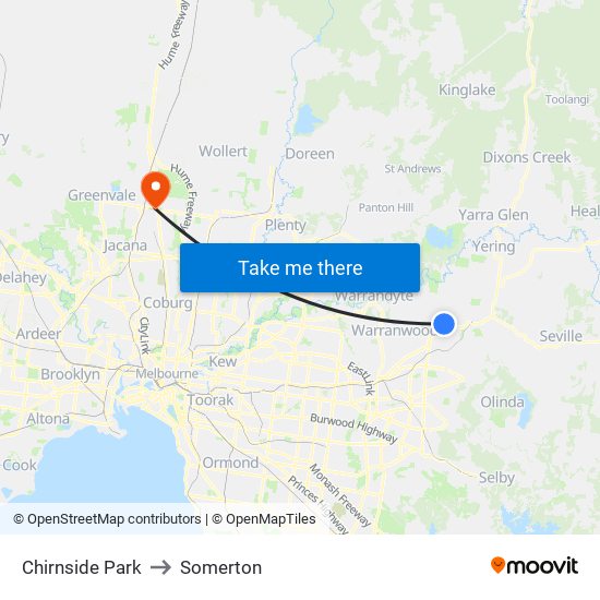 Chirnside Park to Somerton map