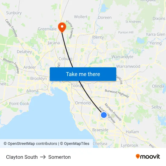 Clayton South to Somerton map
