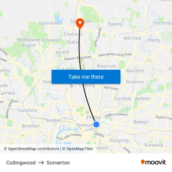 Collingwood to Somerton map