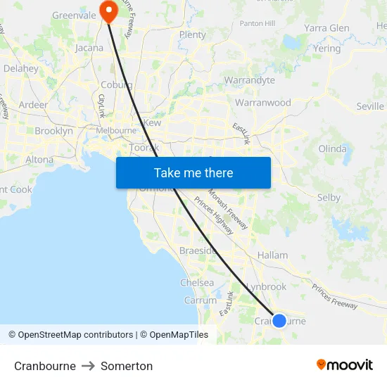 Cranbourne to Somerton map
