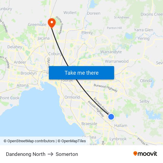 Dandenong North to Somerton map