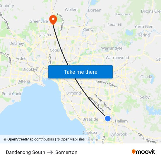 Dandenong South to Somerton map