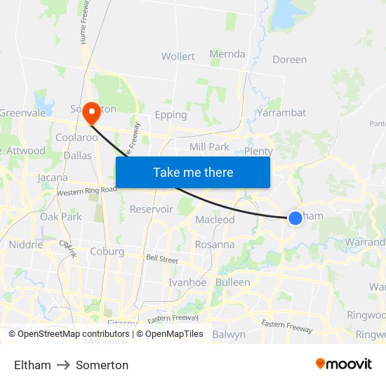 Eltham to Somerton map