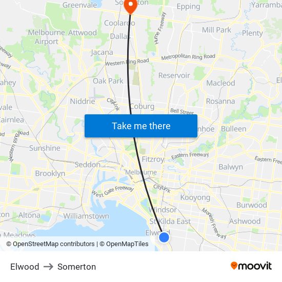 Elwood to Somerton map