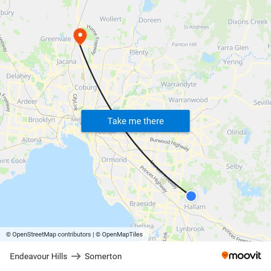 Endeavour Hills to Somerton map