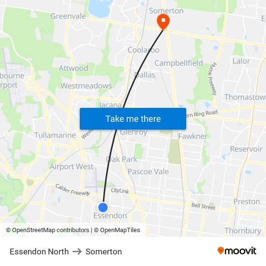 Essendon North to Somerton map