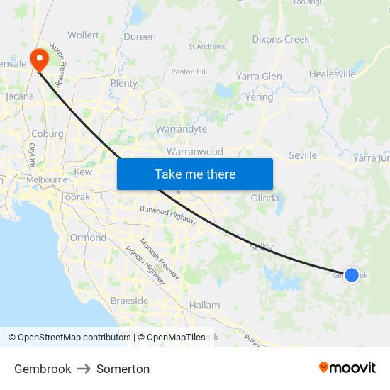 Gembrook to Somerton map