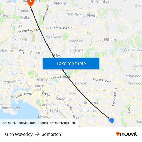 Glen Waverley to Somerton map