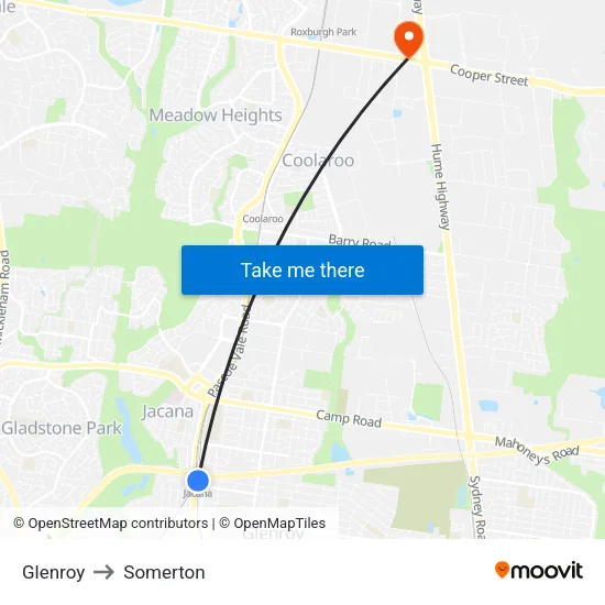 Glenroy to Somerton map