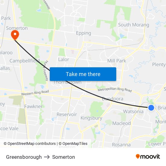 Greensborough to Somerton map