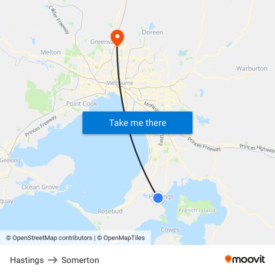 Hastings to Somerton map