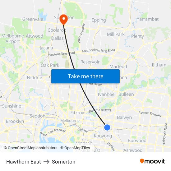 Hawthorn East to Somerton map