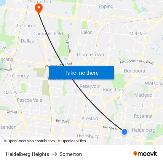 Heidelberg Heights to Somerton map