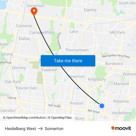 Heidelberg West to Somerton map