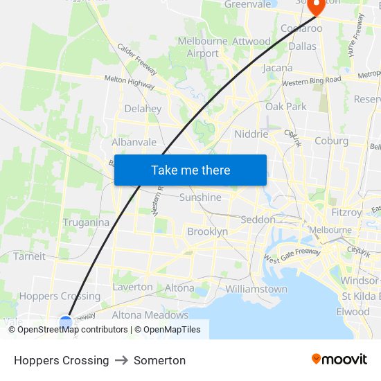 Hoppers Crossing to Somerton map
