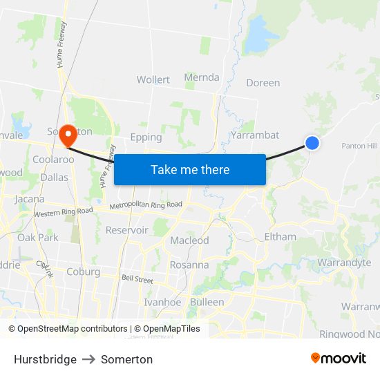 Hurstbridge to Somerton map