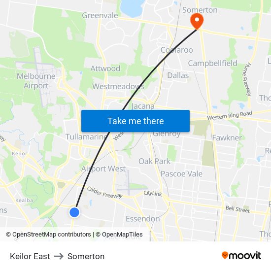 Keilor East to Somerton map